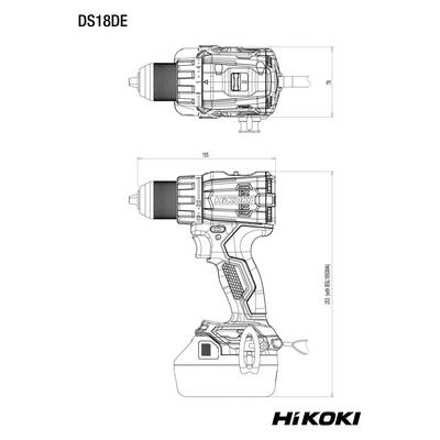 Technische Strichzeichnung einer Hikoki DS18DE Akku-Bohrmaschine, dargestellt in Seiten- und Draufsicht mit beschrifteten Abmessungen.