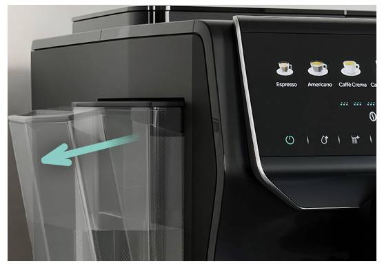 Kaffeemaschine, die in ein durchsichtiges Glas ausgießt, mit einem türkisfarbenen Pfeil, der nach links auf den Becherbereich zeigt.