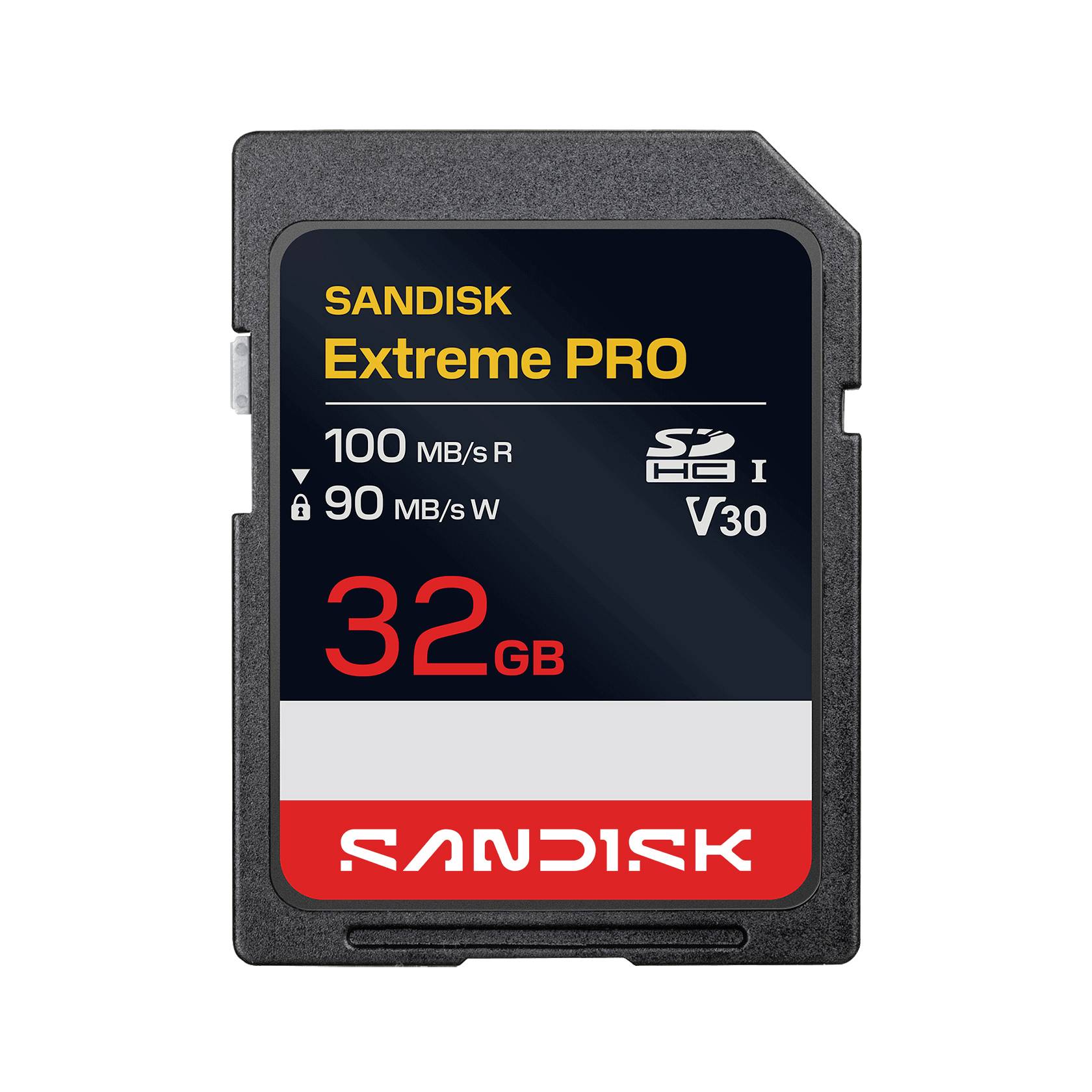 SanDisk Extreme PRO 32GB SD-Speicherkarte mit UHS-I, V30, Etiketten mit 100 MB/s Lese- und 90 MB/s Schreibgeschwindigkeit.