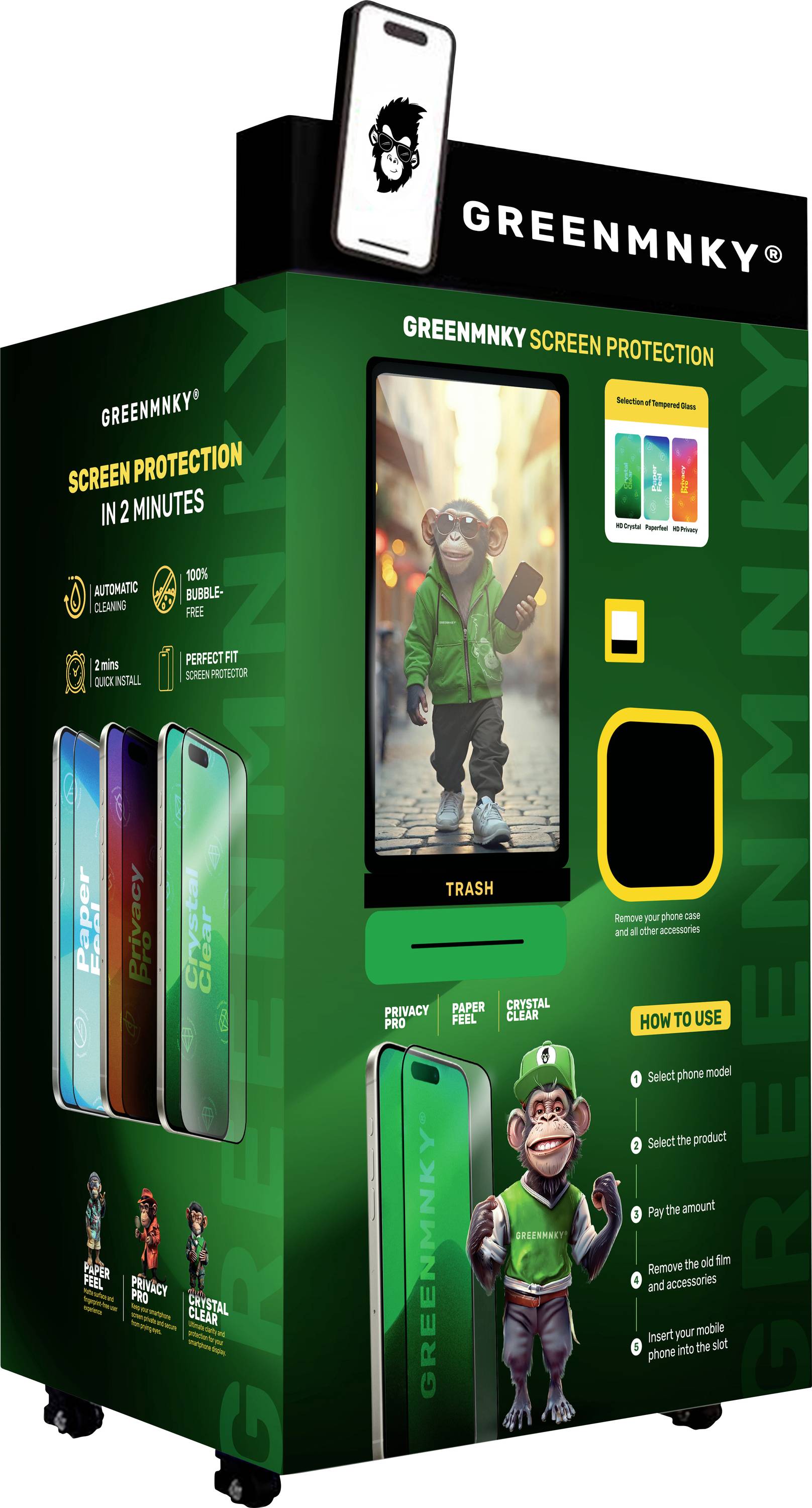 GreenMNKY-Displayschutz-Kiosk mit Smartphone-Display, Beispiele für Telefonfolien und Gebrauchsanweisungen auf einem grün gebrändeten Schrank.