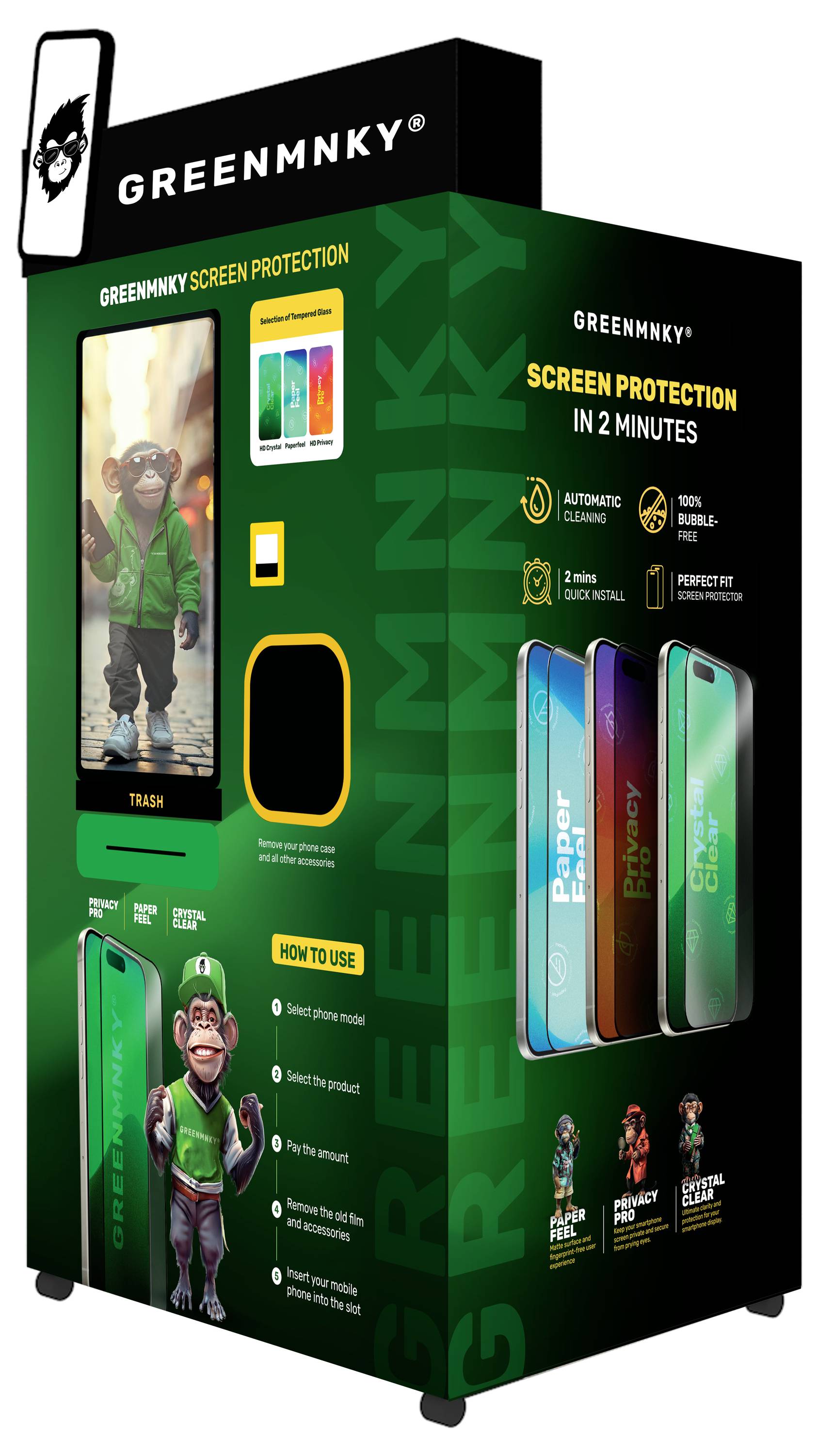 Grüner MNKY Bildschirmschutz-Kiosk mit Touchscreen und Telefonanzeige, das Filmoptionen und Anweisungen für die schnelle Installation von Displayschutzfolien anzeigt.