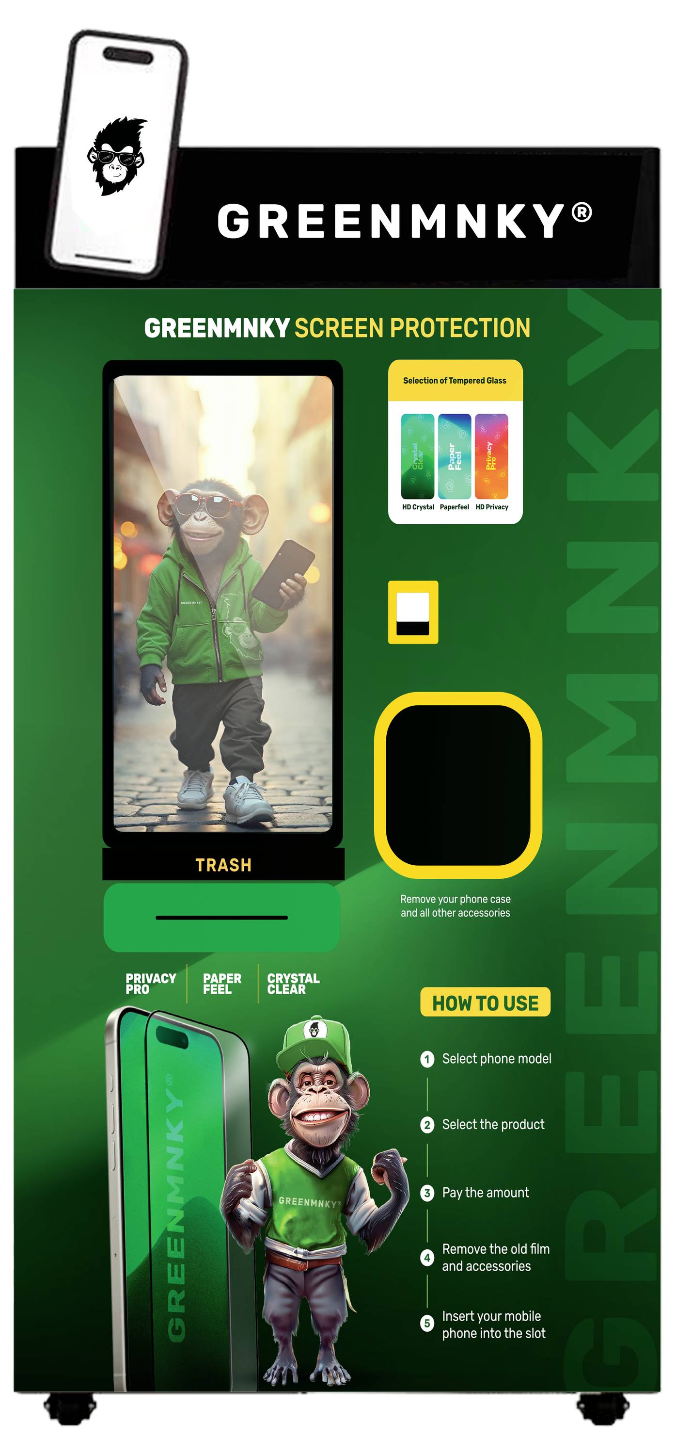 GreenMNKY Displayschutzfolie mit Telefonabbildung, Produktmokups und einem "Gebrauchsanweisung"-Panel zum Auswählen eines Telefons, eines Produkts und zum Anbringen der Folie.