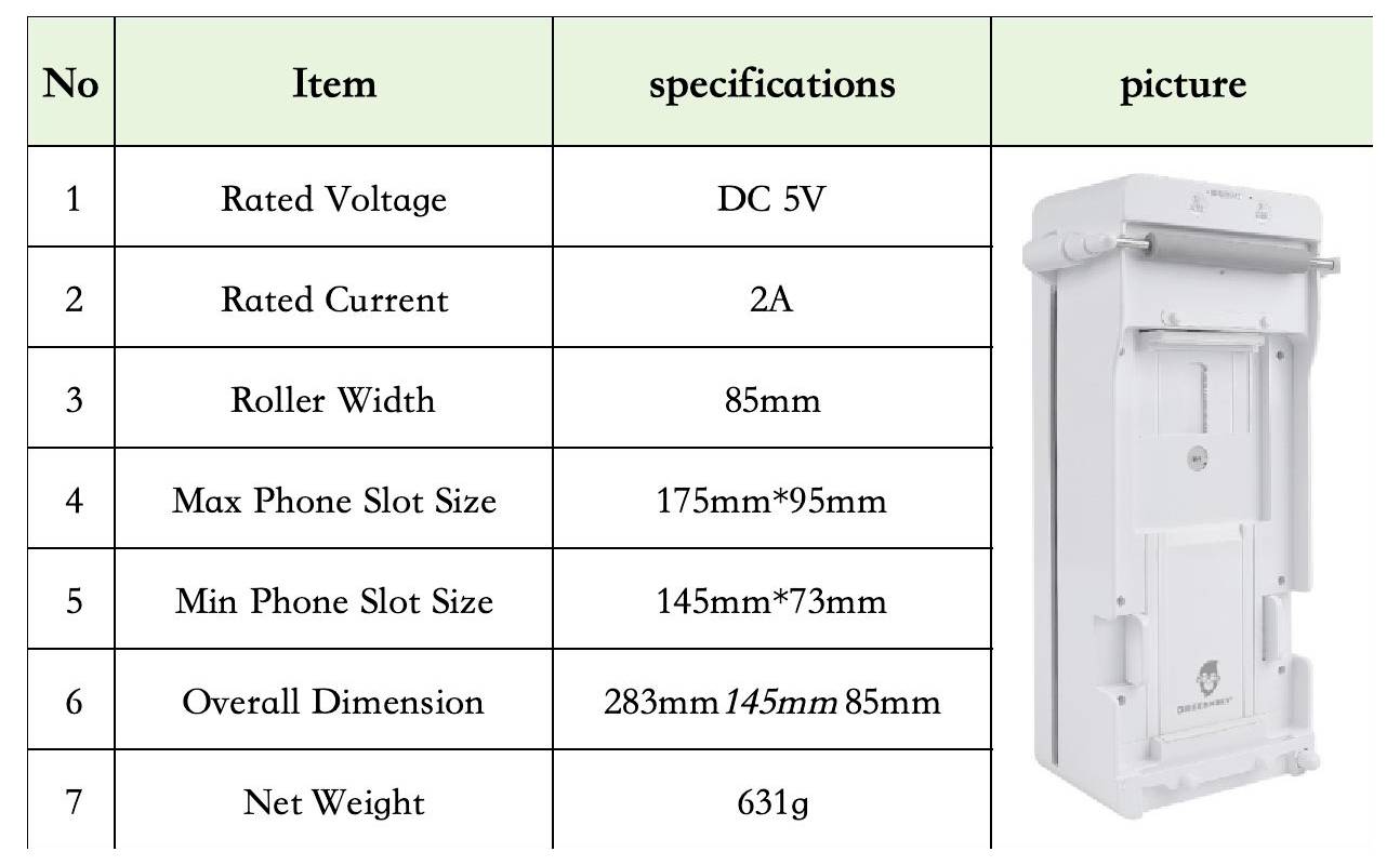 Spezifikationstabelle für eine weiße wandmontierte Telefonhalterung/Ladevorrichtung: DC 5V, 2A, Walzenbreite 85mm, Telefonschlitz 145-175 x 73-95mm, Größe 283 x 145 x 85mm, Nettogewicht 631g.