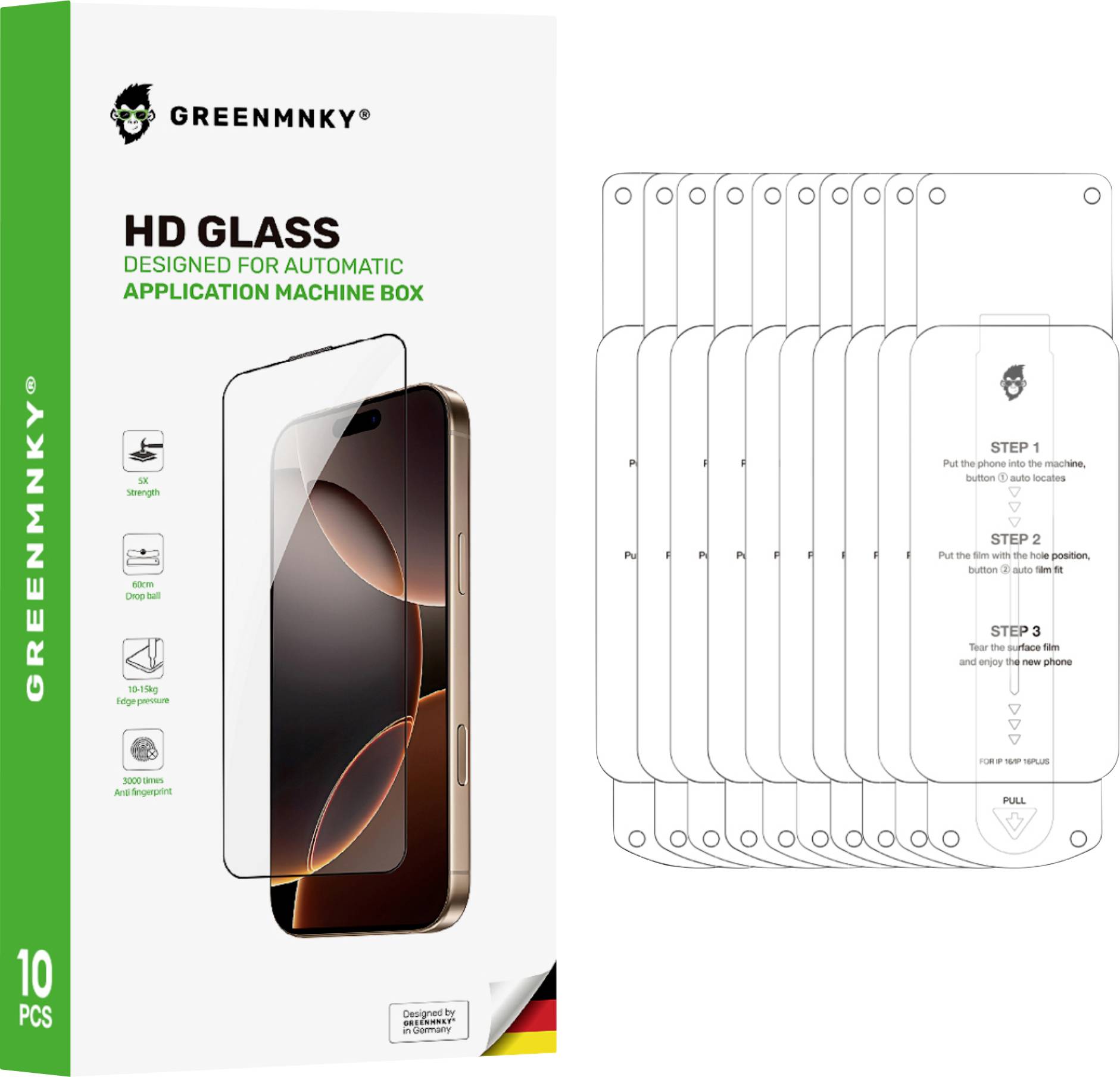 Greenmnky HD Glasschutzfolien für Automobilanwendungen Maschinenbox, gezeigt mit 10er-Packung und Installationsschrittanleitung.