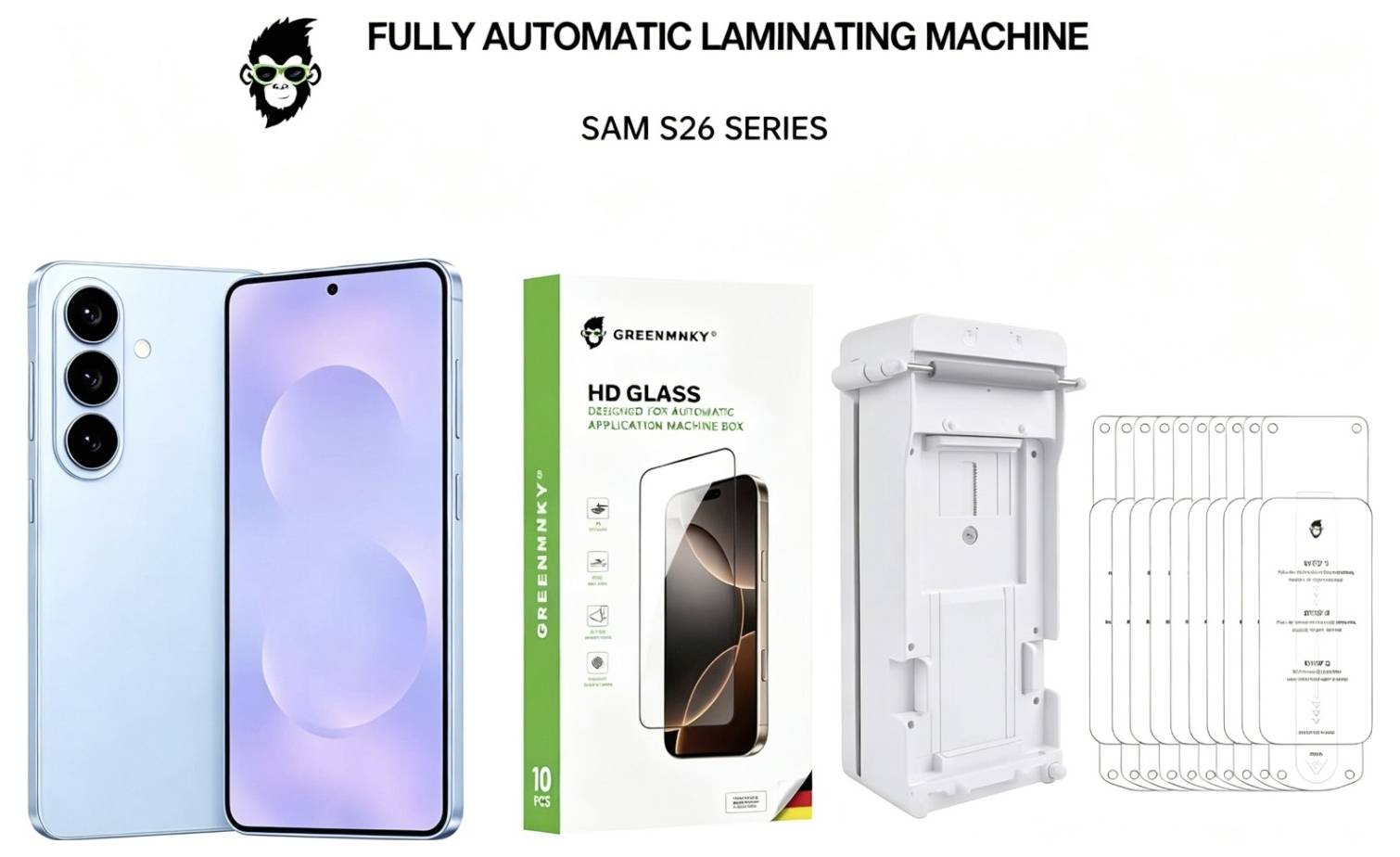 Werbegrafik für eine vollautomatische Laminiermaschine der Serie SAM S26, zeigt ein Smartphone, eine Displayschutzfolien-Verpackung, die weiße Maschine und mehrere Schutzfolienblätter.