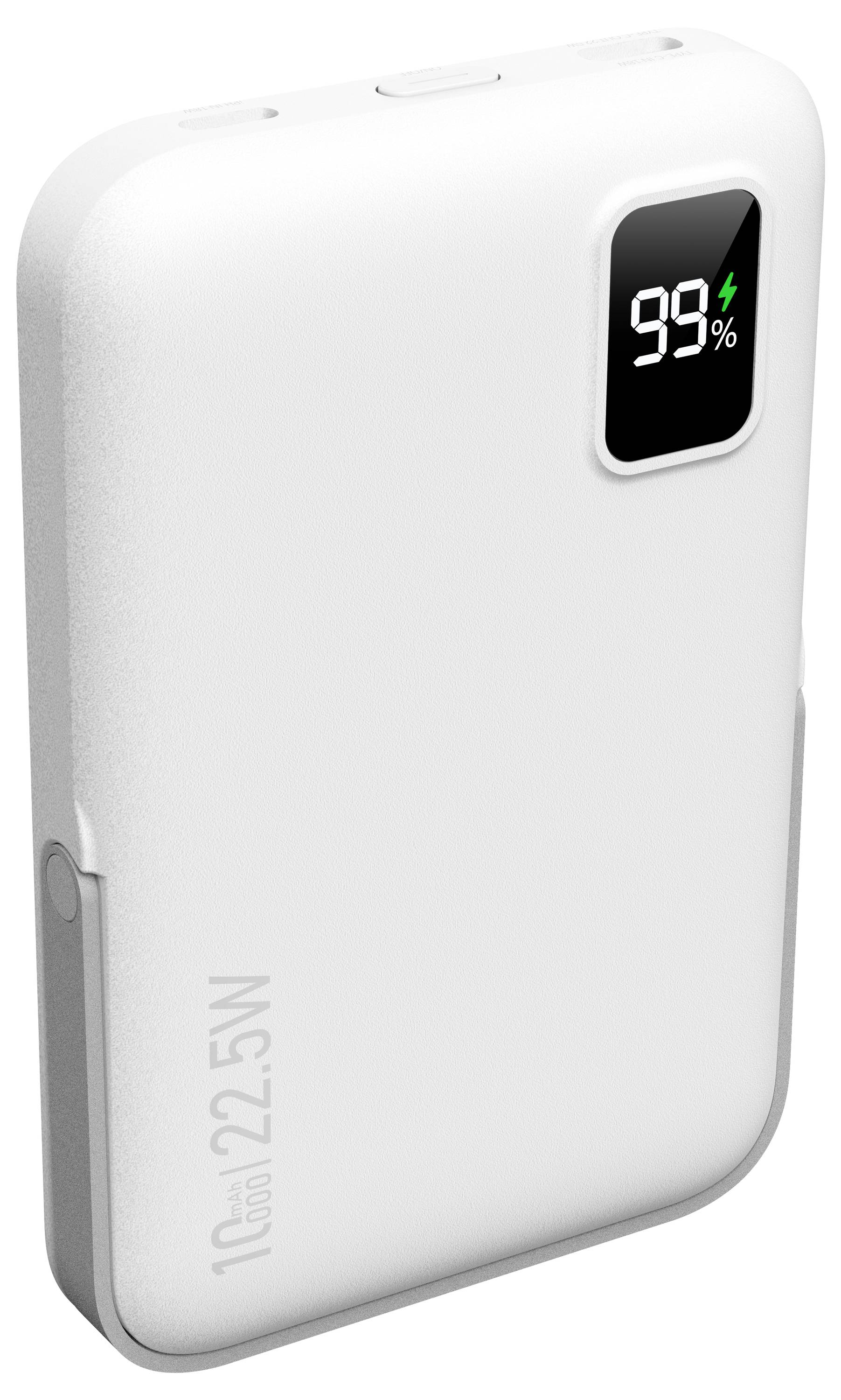 Weiße tragbare Powerbank mit digitaler Batterieanzeige mit 99% und 10.000mAh 22,5W Kapazitätsetikett