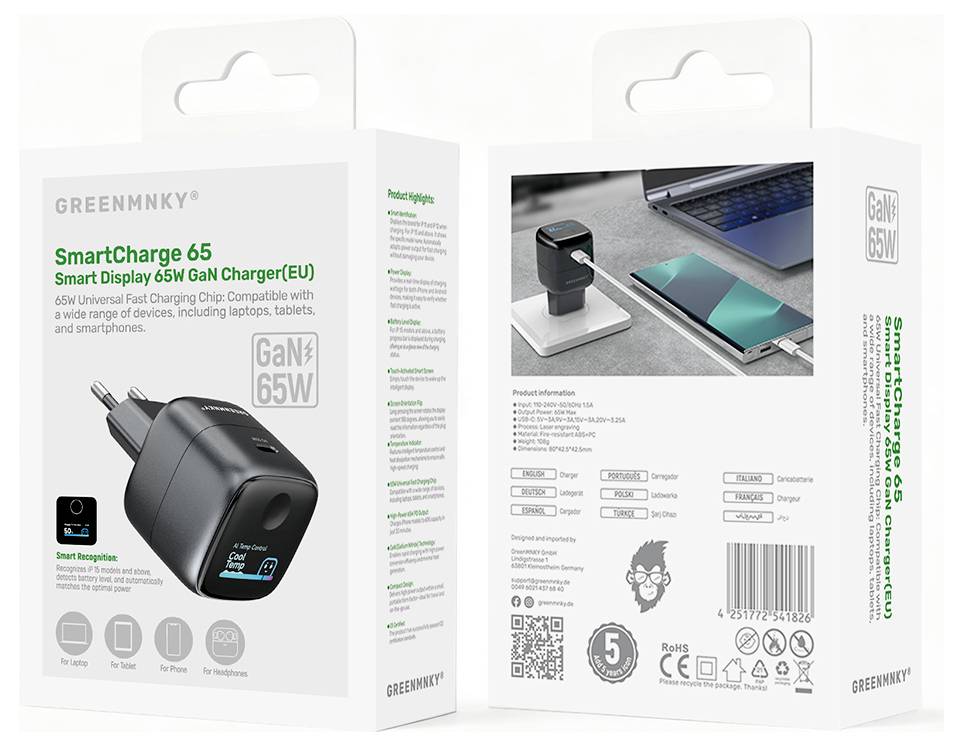 Produktverpackung für Greenmnky SmartCharge 65 – ein intelligentes 65W-Wandladegerät mit Display für Smartphones, Tablets und Laptops.