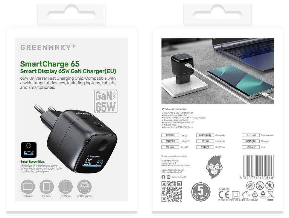 Verpackung für GREENMNKY SmartCharge 65, ein 65-W-GaN-Schnellladegerät für Laptops, Tablets und Smartphones, mit Produktfoto und Funktionsliste.