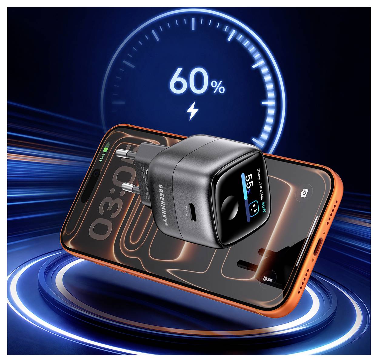 Zwei schwarze USB-Wandladegeräte mit digitalen Displays, eines angesteckt in eine Autosteckdose und eines schräg darüber positioniert, zeigen Stromversorgung und Ladestatus an.