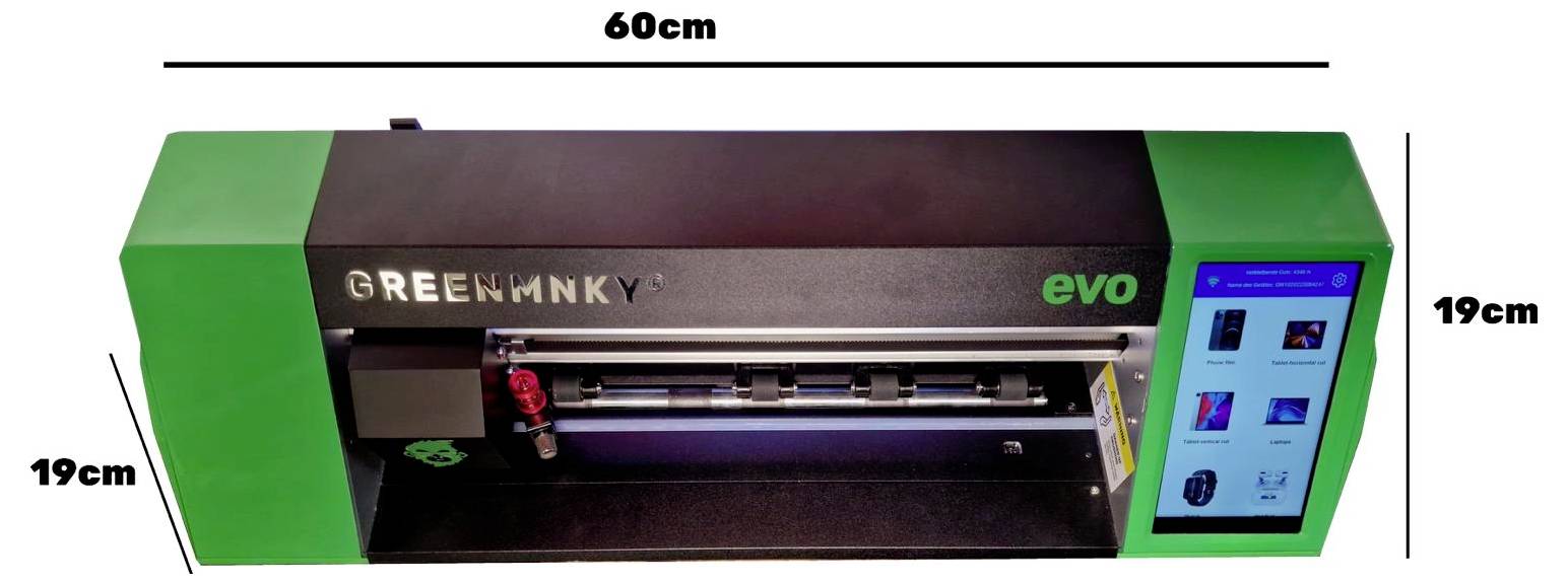 Frontansicht eines grün-schwarzen GREENINKY evo Druckers mit Touchscreen-Panel, mit beschrifteten Abmessungen von 60 cm Breite und 19 cm Höhe.