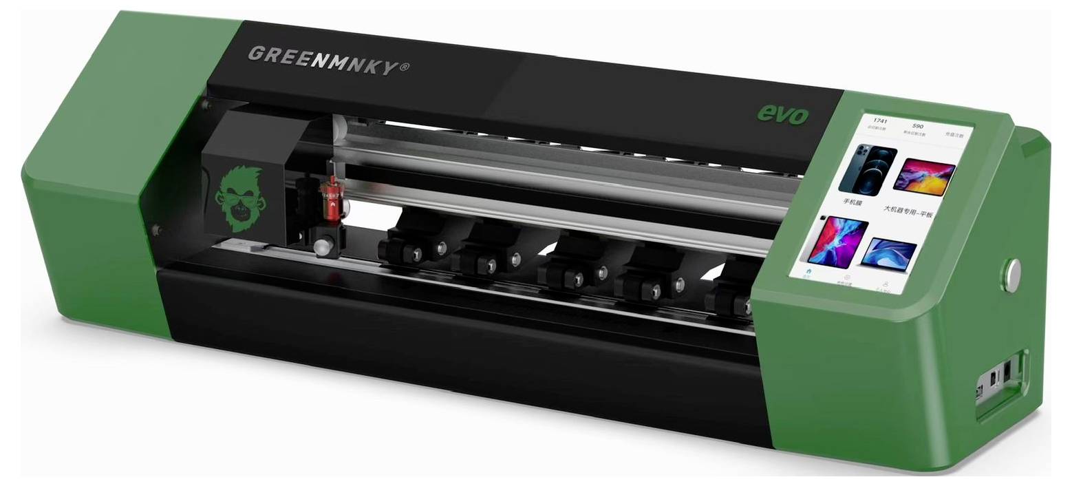 Grüne Druck- und Schneidemaschine mit Touchscreen-Display, geöffnet, um Walzen und Schneider im Inneren zu zeigen.