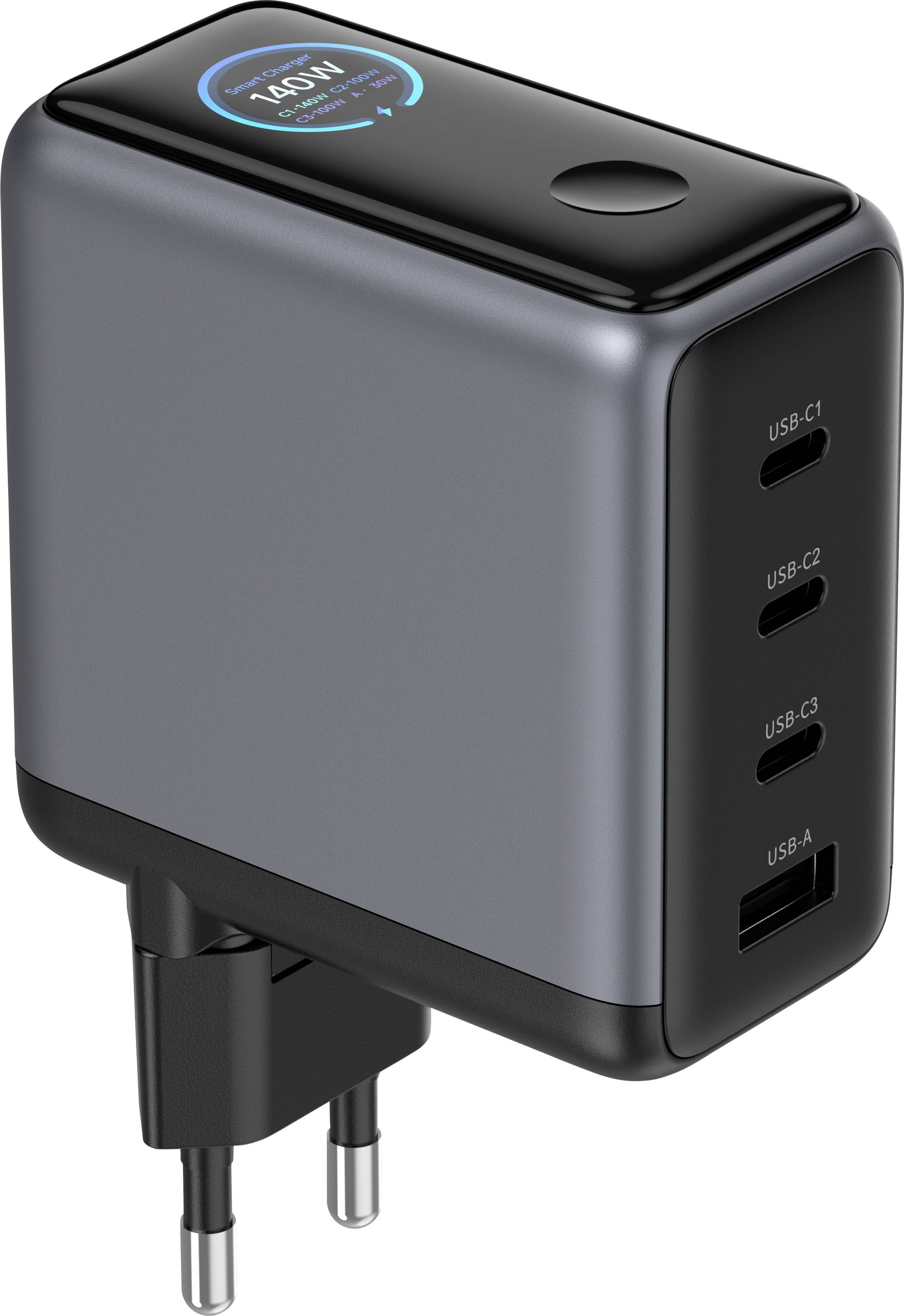 Schwarzes Wandladegerät mit klappbarem Stecker, vier Ausgangsanschlüsse mit den Bezeichnungen USB-C1, USB-C2, USB-C3 und USB-A, sowie ein oberes Display mit maximaler Leistung von 140W.