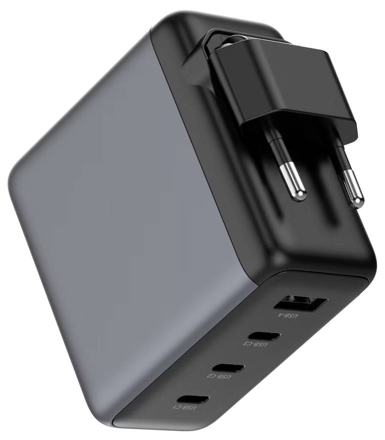 Schwarzes Wandladegerät mit zwei runden Stiften und vier USB-Anschlüssen auf grauem rechteckigem Gehäuse
