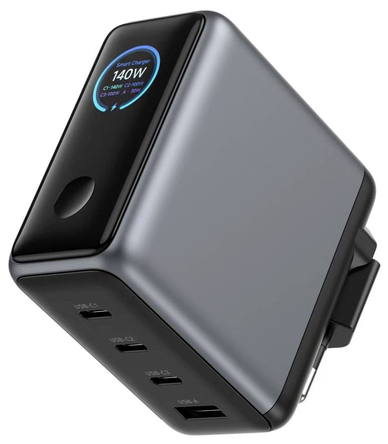 Schwarz-grauer Wandladegerät mit leuchtender Anzeige, auf der „140W" angezeigt wird, und vier USB-Anschlüssen an der Vorderseite.