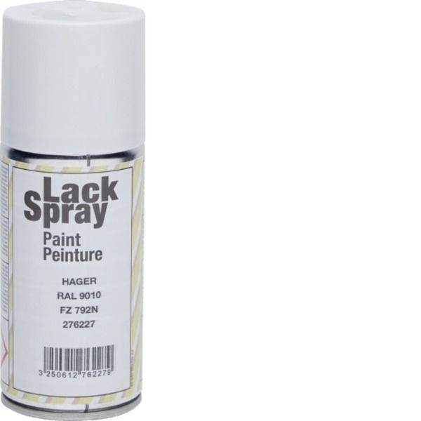Eine Dose weiße Lackspray-farbe mit der Bezeichnung „Lack spray" und „Paint Peinture" auf einem einfachen Hintergrund.