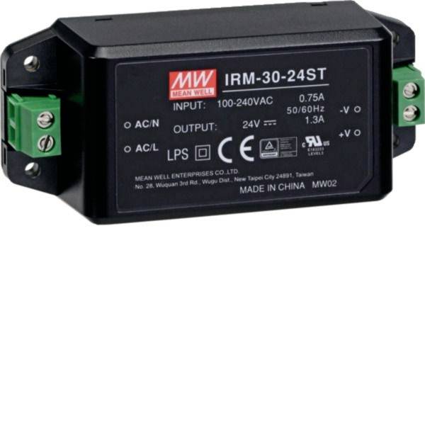 Mean Well IRM-30-24ST AC-DC Stromversorgungsmodul mit Eingabe 100-240VAC und 24V DC Ausgangsklemmen.