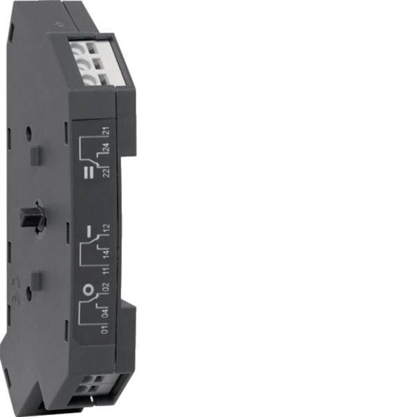 Schwarzes Elektrorelais-Modul mit Schraubklemmen und gedrucktem Schaltplan auf der Seite.