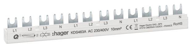 Hager KDS463A AC 230/400V 10mm² Elektroanschlussleiste mit den Anschlüssen L1, L2, L3 und N, die entlang der Leiste beschriftet sind.