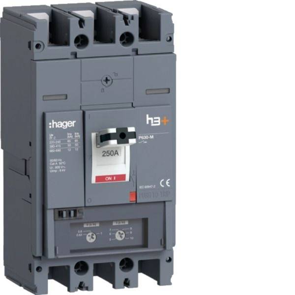 Grauer Hager 250A Leitungsschutzschalter mit EIN-Anzeige und CE-Kennzeichnung, shown in a product photo.