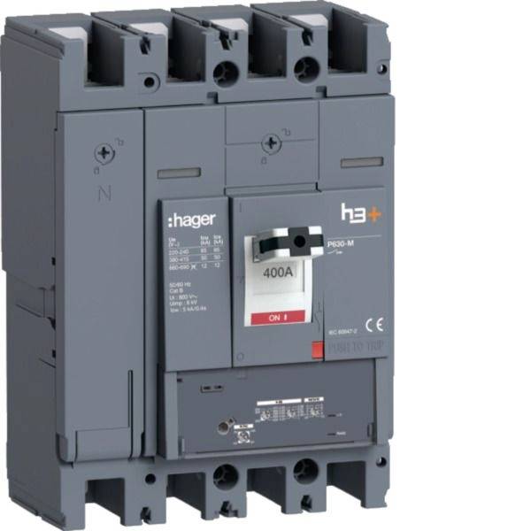Gray Hager 400A-Leistungsschalter mit zentralem EIN/AUS-Schalter und Drei-Phasen-Anschlüssen, dargestellt vor weißem Hintergrund.