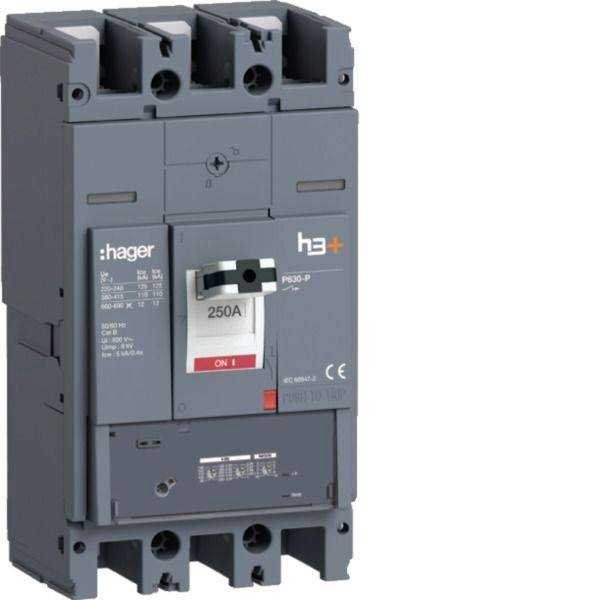 Gray Hager h3+ Leistungsschalter mit 250A Nennstrom, mit EIN-Schalter und Klemmenöffnungen, auf weißem Hintergrund dargestellt.