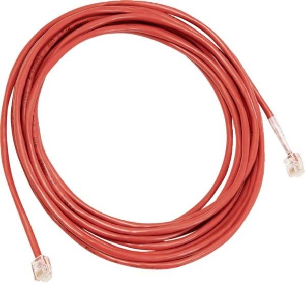 Aufgerolltes rotes Ethernet-Kabel mit RJ45-Steckern an beiden Enden, shown auf weißem Hintergrund.
