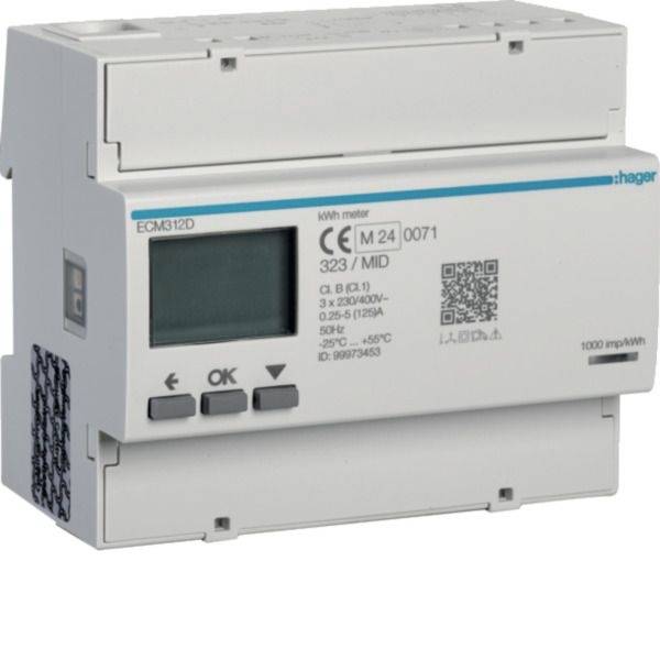 Digitales kWh-Stromzähler mit LCD-Bildschirm und QR-Code, gekennzeichnet mit "ECM312D" und "hager".