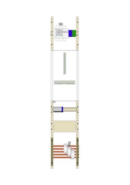 Vertikales technisches Diagramm einer leiterartigen Baugruppe mit beschrifteten Komponenten Q1 oben und Q0 näher am unteren Ende, wobei interne Module und Verkabelung dargestellt sind.