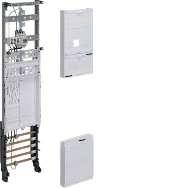 Elektrischer Schaltschrank mit hohem Metallmontagerahmen und zwei weißen Abdecktüren, die daneben angezeigt werden.