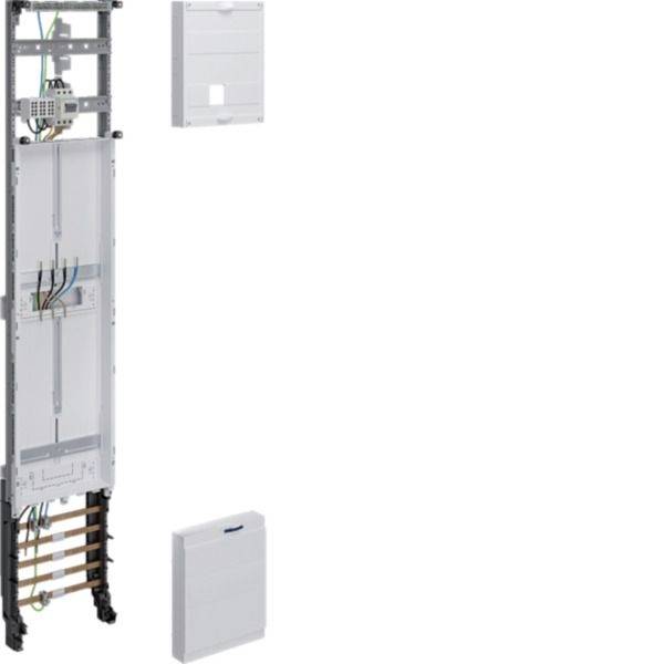 Wandmontiertes Elektropanel-Set mit offenen Verdrahtungsrahmen und zwei daneben abgebildeten weißen Abdeckplatten.