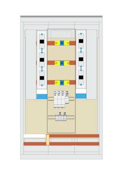 Diagramm eines elektrischen Schaltschranks mit vertikal angeordneten Schutzschaltern und Sammelschienen mit beschrifteten Anschlüssen in der Mitte.