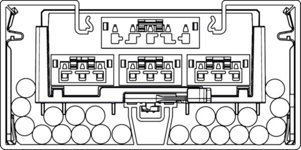 Technische Strichzeichnung eines elektrischen Steckergehäuses mit Anzeige des Stiftlayouts und der internen Kontaktanordnung.
