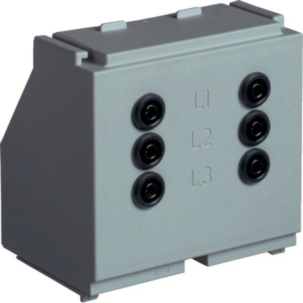 Graues Elektrosteckverbinder-Modul mit sechs runden Anschlüssen, auf der Vorderseite mit L1, L2 und L3 gekennzeichnet.