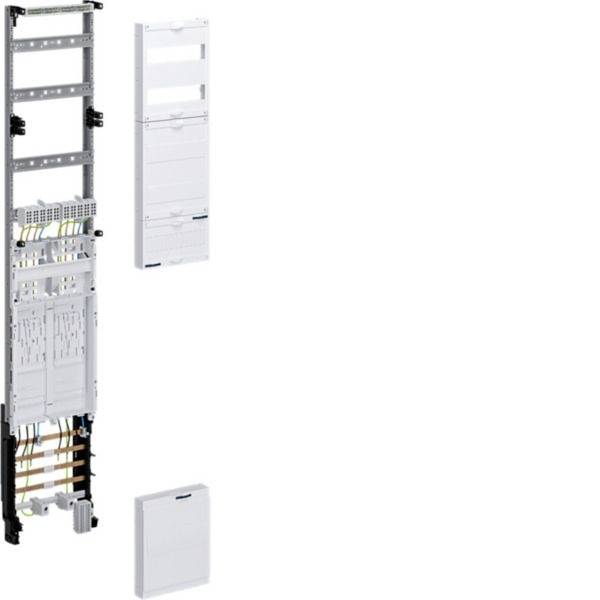 Explosionsdarstellung einer wandmontierten Elektroschalttafel mit innerer Verkabelung, einem Abdeckpanel und einer separaten Frontdachtürabdeckung.