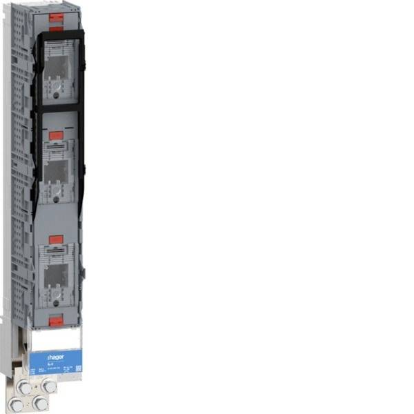 Vertikales Stromunterbrechermodul-Gestell mit drei grauen Schaltereinheiten auf weißem Hintergrund, an der Basis mit Hager gekennzeichnet.