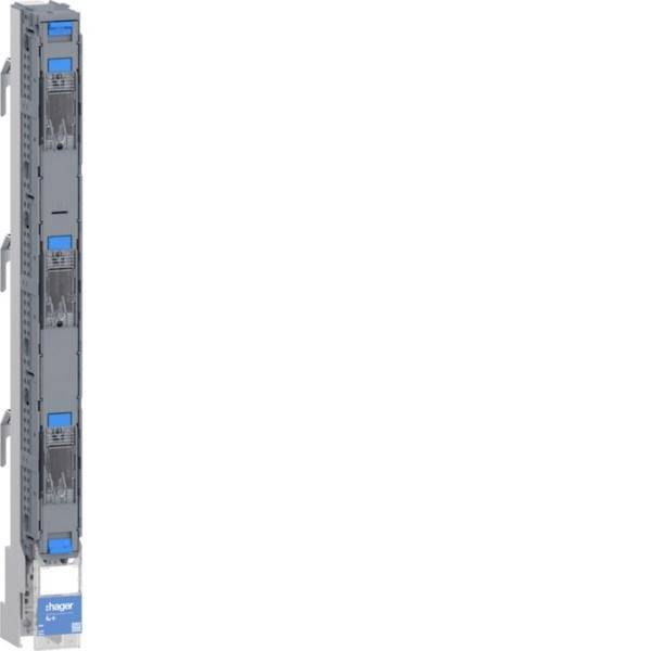 Großes graues Hager-Elektroverteilungsgerät oder Schutzschaltermodul mit blauen Beschriftungen, vertikal auf weißem Hintergrund dargestellt.
