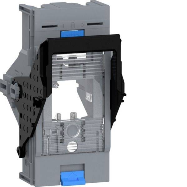 Grauer elektrischer Schalter mit schwarzer Frontabdeckung und blauem Riegel, dargestellt als Produktbild auf weißem Hintergrund.