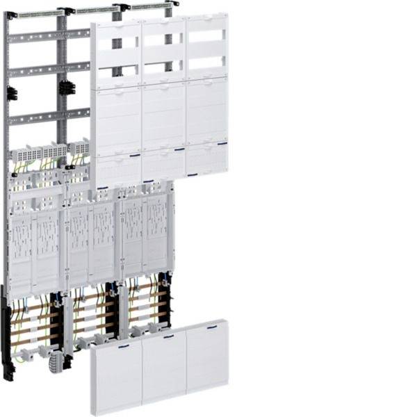 Modulares Elektroverteilerpanel mit offener Verdrahtung und montierten weißen Abdeckungsmodulen, dargestellt als technische Produktillustration auf weißem Hintergrund.
