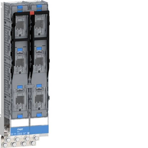 Industrieller Elektroschaltschrank mit mehreren modular angeordneten Leistungsschaltern, vertikal gestapelt und beschrifteten blauen Bedienfeldern