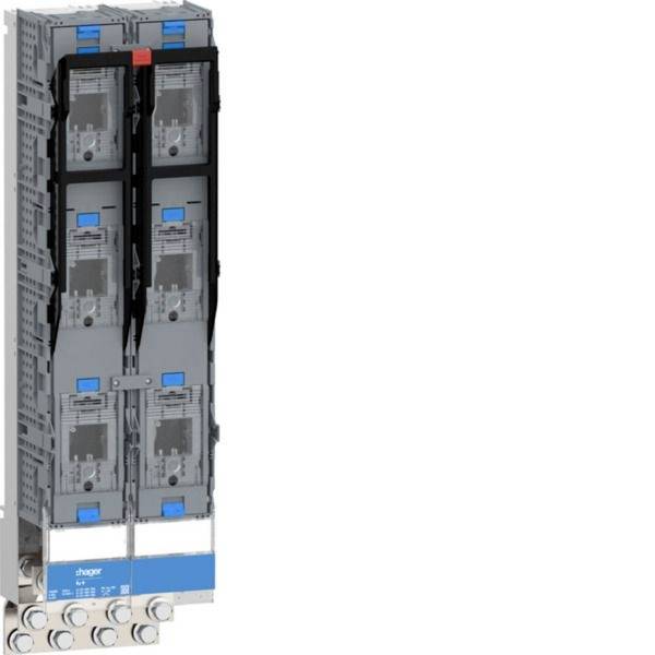 Industrielles Elektrosteuermodul mit mehreren gestapelten grauen Relais- oder Schaltereinheiten in einem hohen Schaltschrank, mit blauer Hager-Beschriftung am unteren Ende.