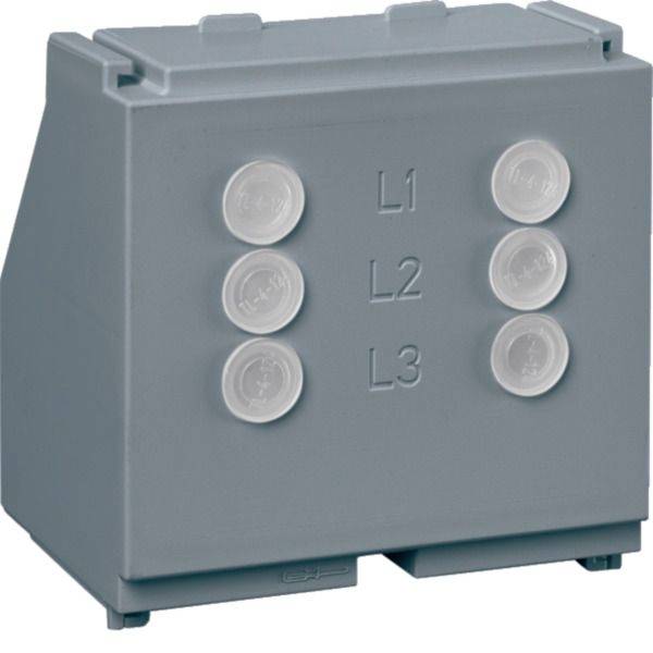 Graues Elektrisches Schaltschrank mit sechs runden Kabeleingangsöffnungen, auf der Vorderseite mit L1, L2 und L3 gekennzeichnet.