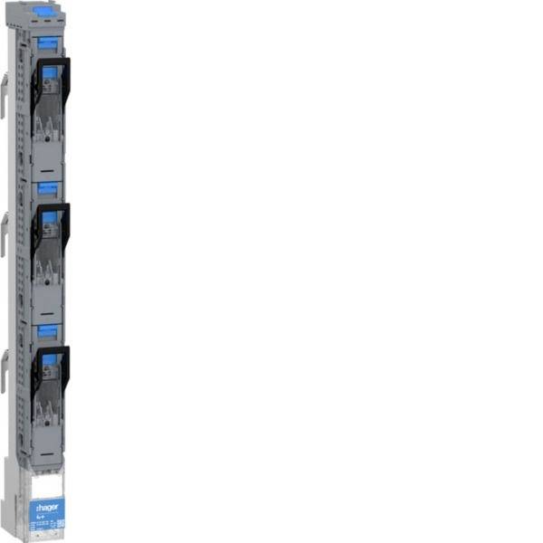 Drei übereinander gestapelte graue elektrische Komponenten mit blauen Akzenten, vertikal auf weißem Hintergrund dargestellt, wahrscheinlich industrielle Schaltmodule oder Relais.