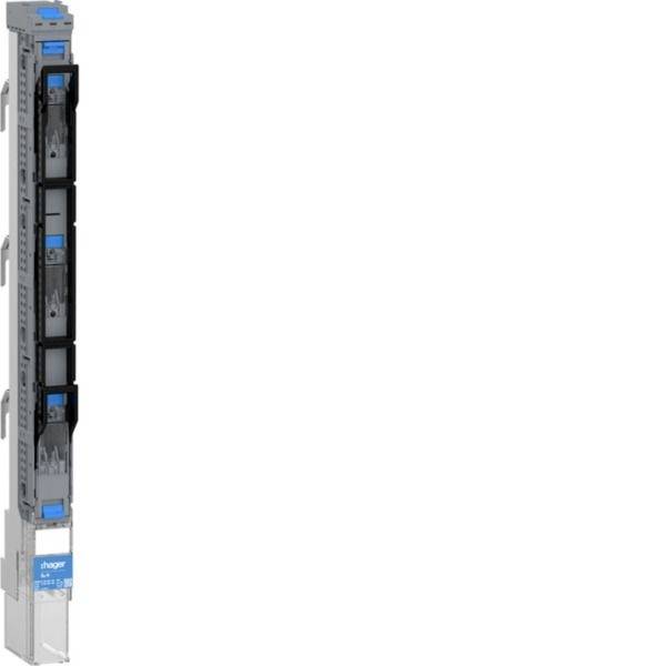 Ein schlankes vertikales industrielles Elektromodul oder ein Leitungsschutzschalter mit blauen Etiketten, isoliert auf weißem Hintergrund dargestellt.