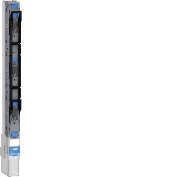 Vertikale modulare elektrische Schutzschalter- oder Relaiseinheit mit blauen Etiketten, isoliert auf weißem Hintergrund dargestellt.