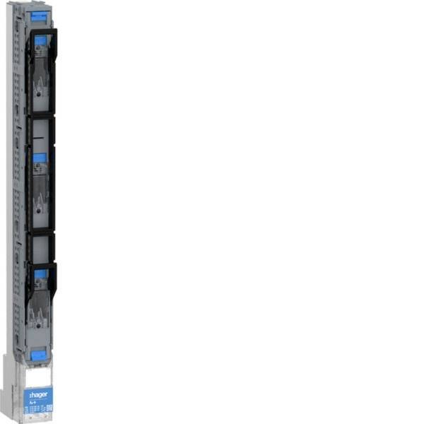 Hohe Hager Elektromoduleinheit mit gestapelten schwarzen und grauen Schaltmodulen auf weißem Hintergrund.