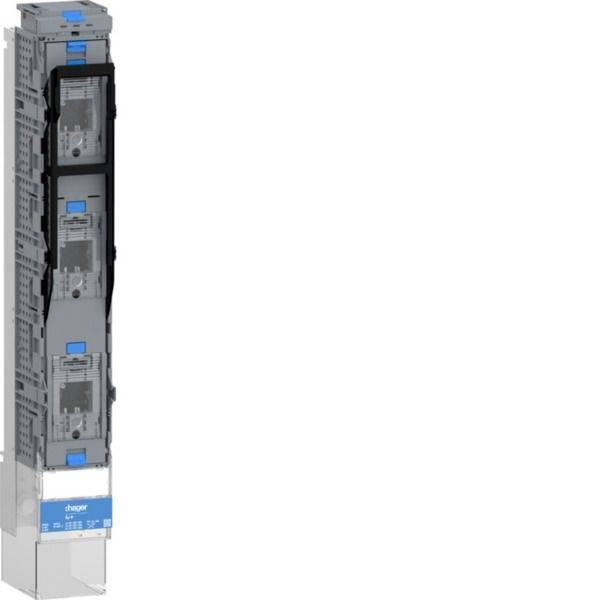 Hoher grauer elektrischer Schaltschrank mit blau gekennzeichneten Modulen auf weißem Hintergrund, Frontansicht gezeigt.