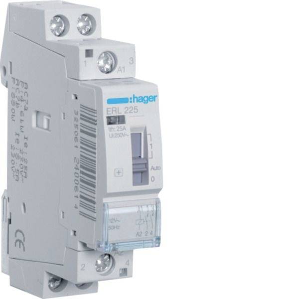 Weißer Hager ERL225 modularer elektrischer Relaischalter mit beschrifteten Anschlüssen und einem vorderen manuellen Kippschalter.