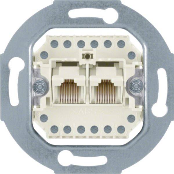 Nahaufnahme einer doppelten Ethernet-Wanddose mit Metallhalterung und zwei RJ45-Anschlüssen.