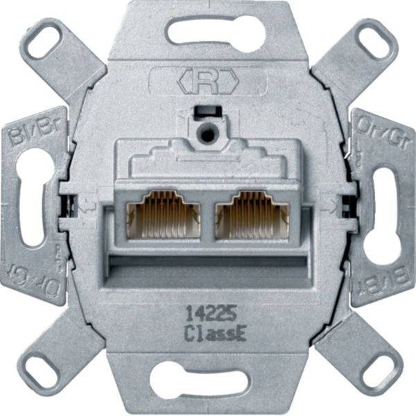 Metall-Ethernet-Wanddose mit zwei RJ45-Anschlüssen, von vorne gezeigt mit Montagebügeln und Bezeichnung „1425 Classe".