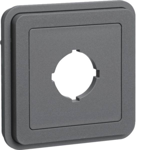 Grauer quadratischer Schalter-Wandplatte mit zentraler runder Öffnung für einen Regelknopf oder Druckknopf.